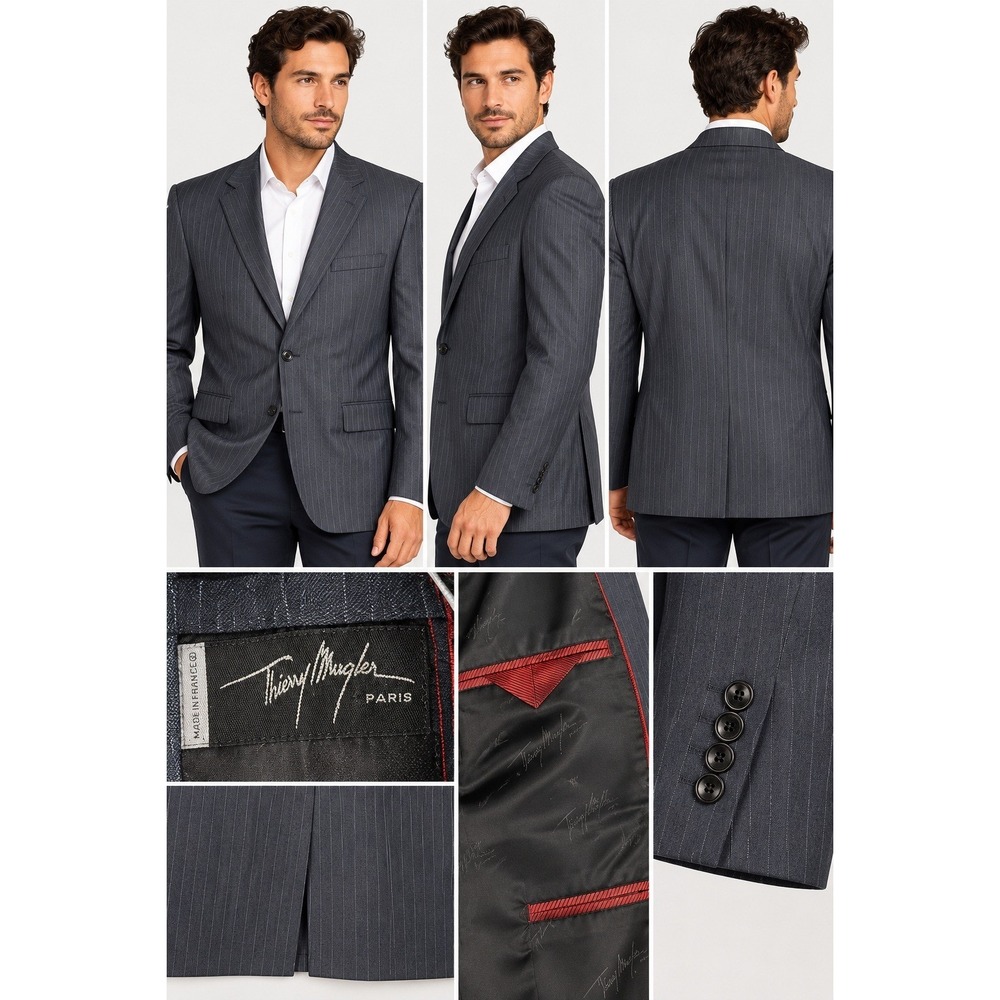 Thierry Mugler Paris Mens Blazer SZ 54 Wool Pinstripe Sport Coat Made in France